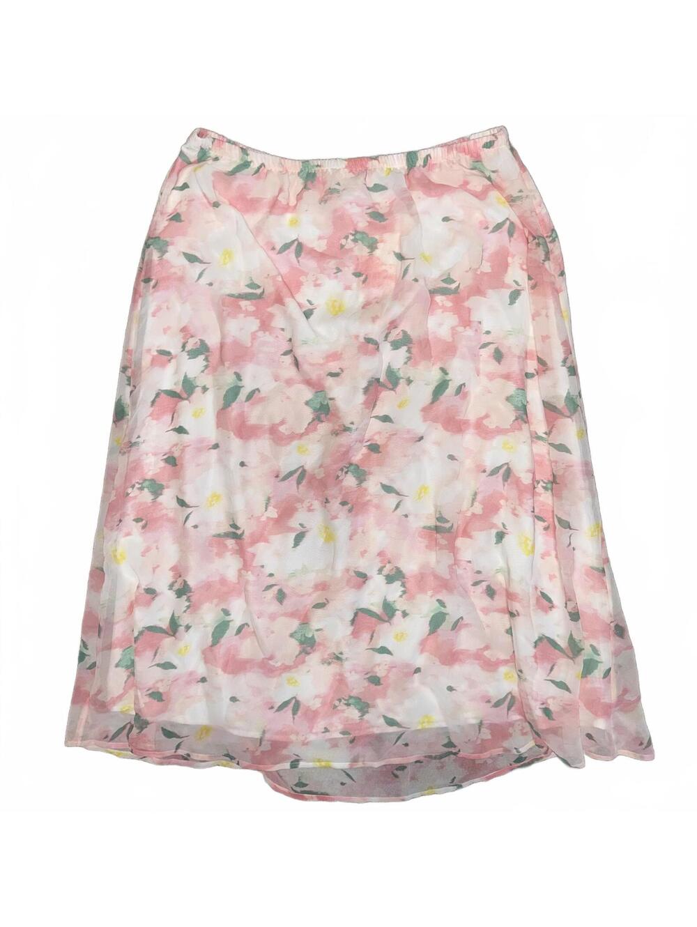 Floral Print Pink and White Midi Skirt with Elastic Waist